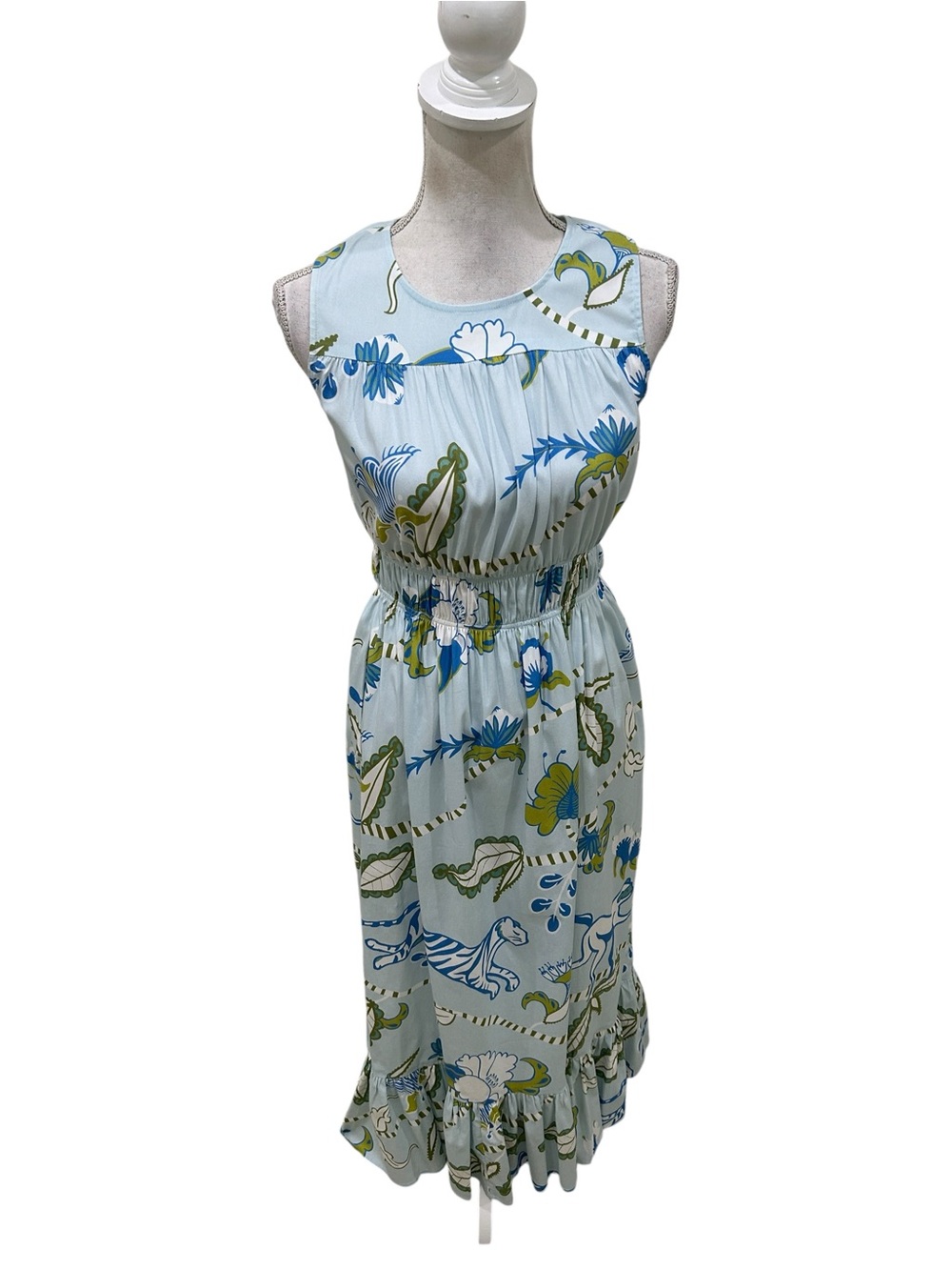 Sheridan French Light Blue Floral Maxi Dress Smocked Waist Ruffle Hem small